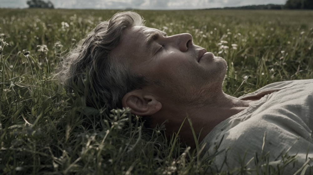 Człowiek leży na łące