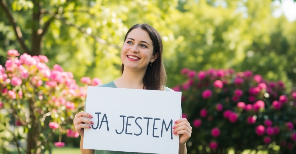 Kobieta trzyma napis 'ja jestem'