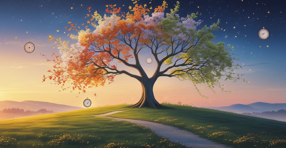Drzewo i tarcze zegara symbolizujące upływający czas